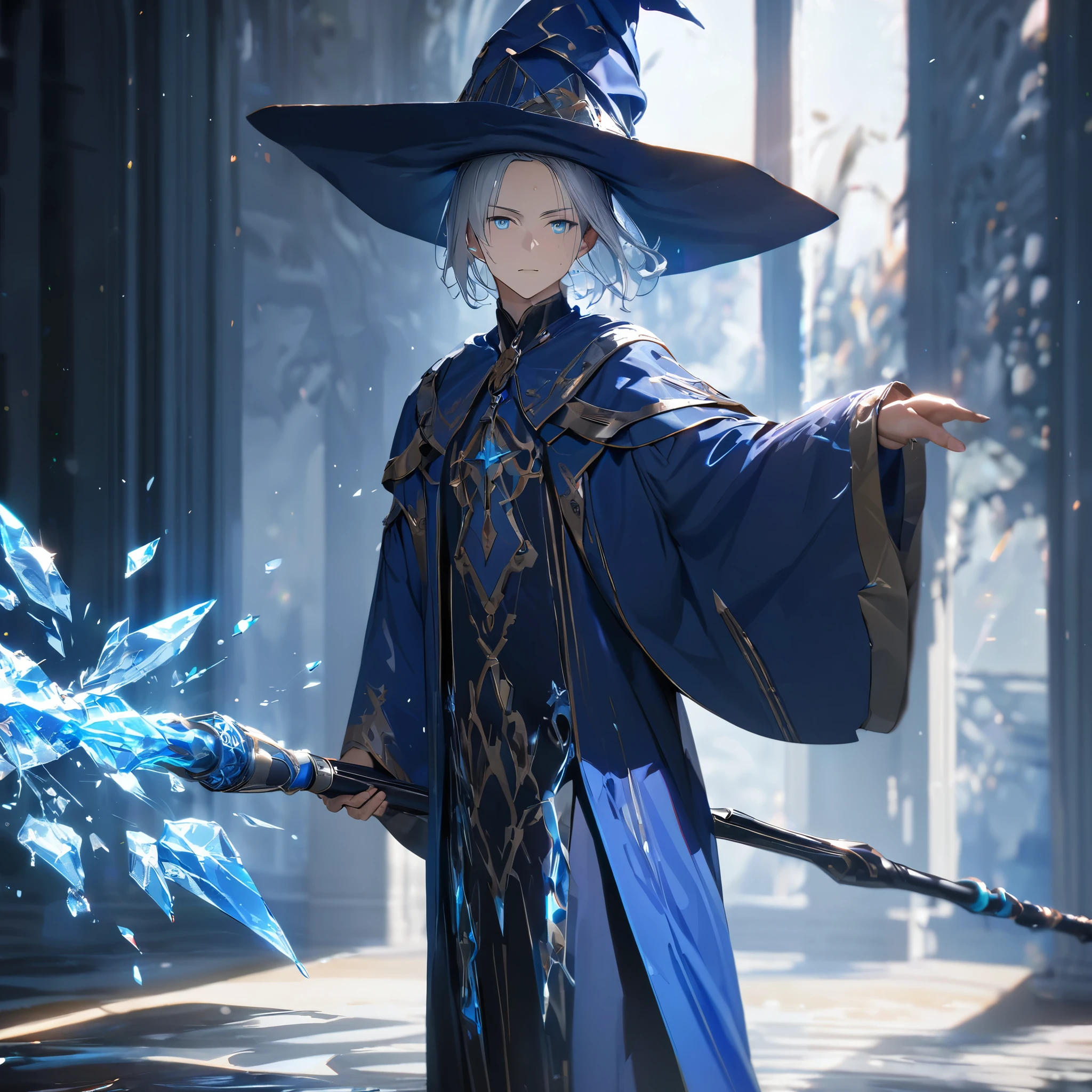 a thin man, 1 boy, wearing a navy blue wizard's tunic, wearing a traditional wizard's hat, silver hair, ice blue eyes, holding a traditional wizard's staff with blue crystal, blue magical aura around it.. UHD, masterpiece, accurate, anatomically correct, textured skin, super detail, high quality, best quality, 8k, high resolution, bokeh effect.
