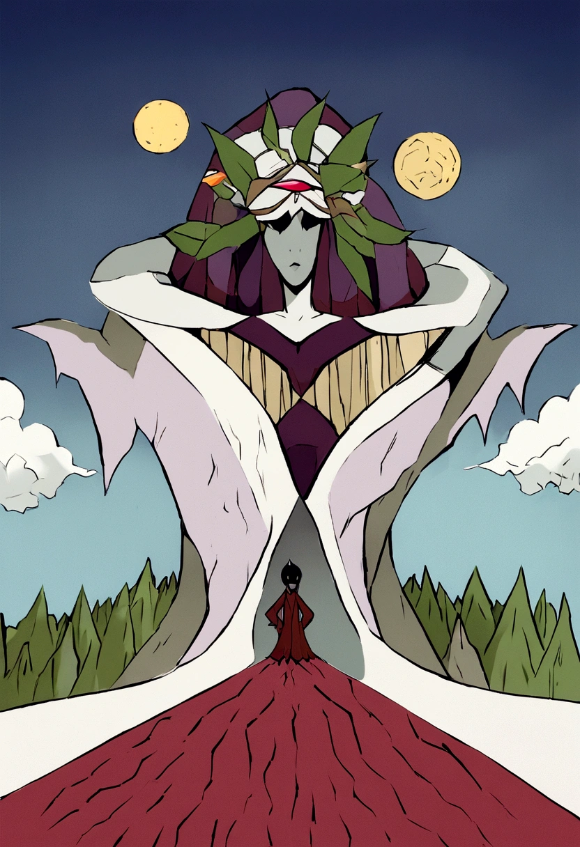 puedes crear una chica kitsune de cabello blanco y piel blanca en el suelo con algunas manchas de sangre, al rededor de un bosque y suelo nevado. (no muy detallado, si puedes con el estilo de evangelion)