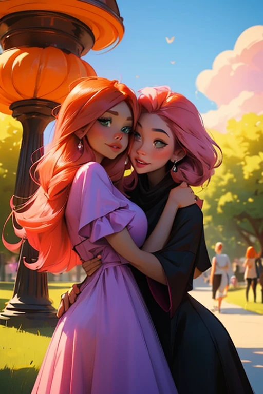 A pink haired female reaper with violet eyes and an hourglass figure in cute summer dresses is hugging an orange haired female reaper with green eyes with an hourglass figure in a park with smiles