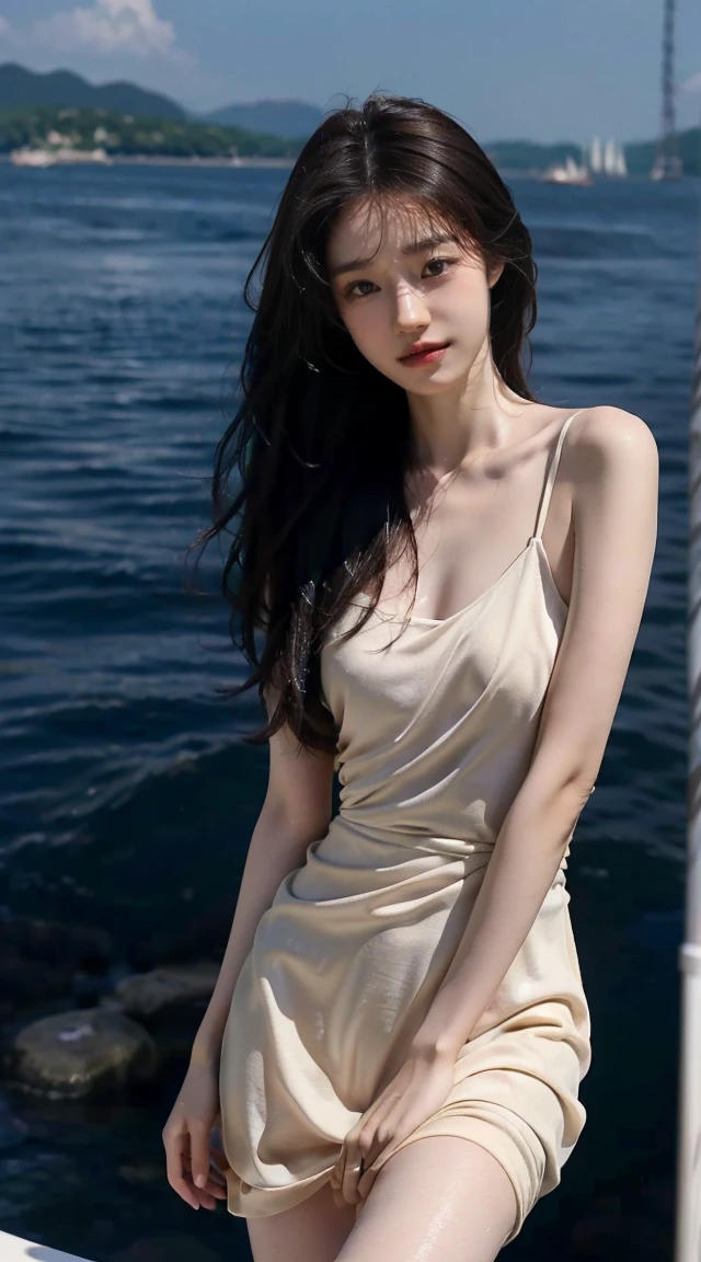 ((Best image quality)、Korean 20 years old、on a luxury yacht, NFSW, high resolution, Natural and smooth implementation, head and body balance、Perfect 바디 뷰티:1.4、slim、thin legs、((dark brown hair、very small breasts:1.2))、, Highly detailed face and skin textures、eye for detail、shy smile、Perfect 、with legs spread, lighting areola、An angle slightly lower than the front、top quality、reality、open crotch、cute appearance、small ass、K-pop makeup、embarrassed expression、thin waist, White and clear skin, cute belly fat, chubby, Narrow pelvis, hairstyle for long hair, wet, natural implementation, Fashionable outfits, wearing a bright dress, clear and bright weather