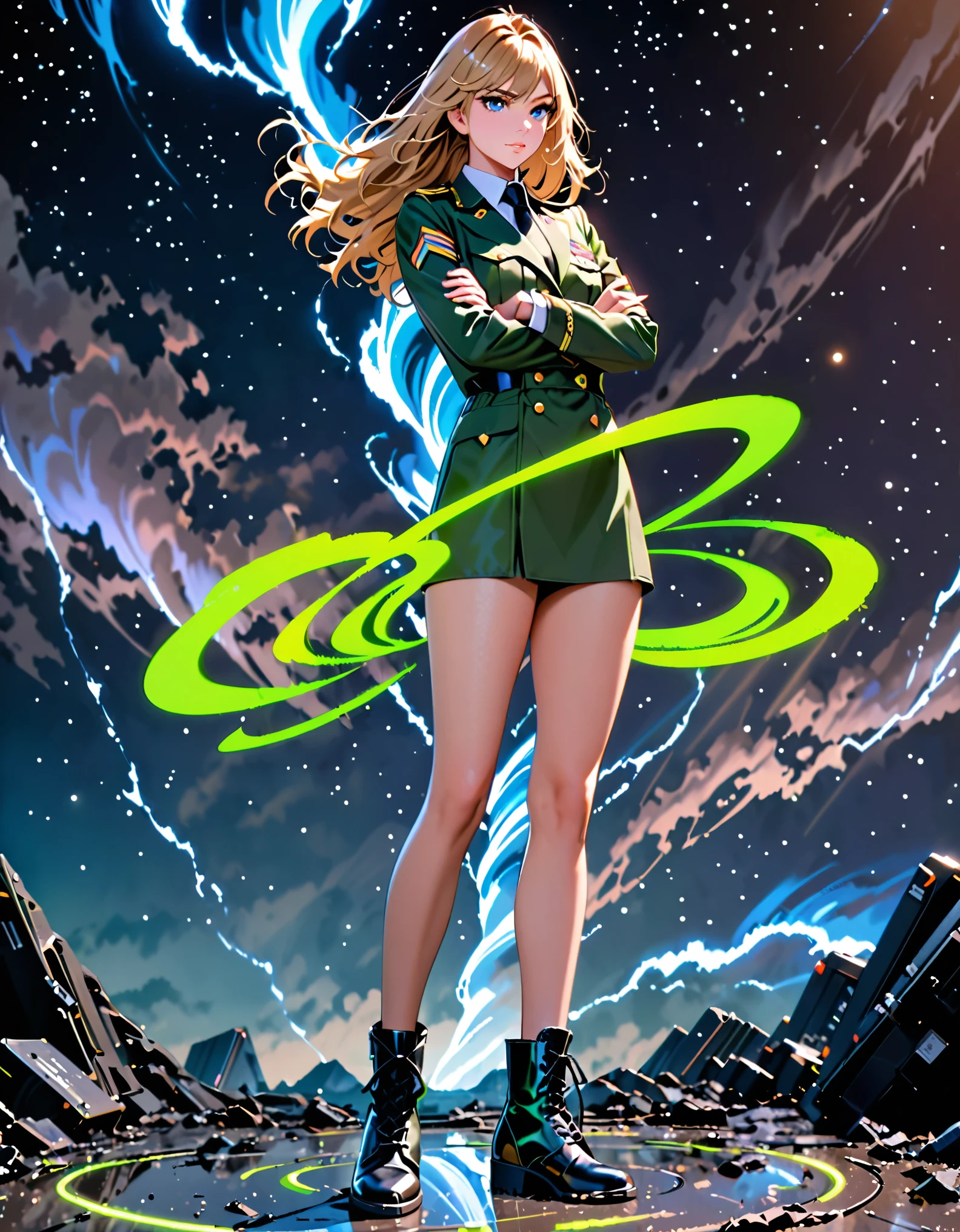 best quality, masterpiece, highres, solo, solo focus, 1lady, semi-realistic, floating, legs straight, blonde hair, blue eyes, beautiful detailed eyes, beautiful detailed face, (perfect hands), y us military officer, dressed in a green and white leotard, suit and tie, black necktie, green military uniform, matching shoes, outer space backdrop, neon edge lighting, highly detailed, professional, bare legs, matching boots, ankle-high boots, full body shot, medium hair, hair down, (crossed arms, (spins fast) in place like a (tornado)).
