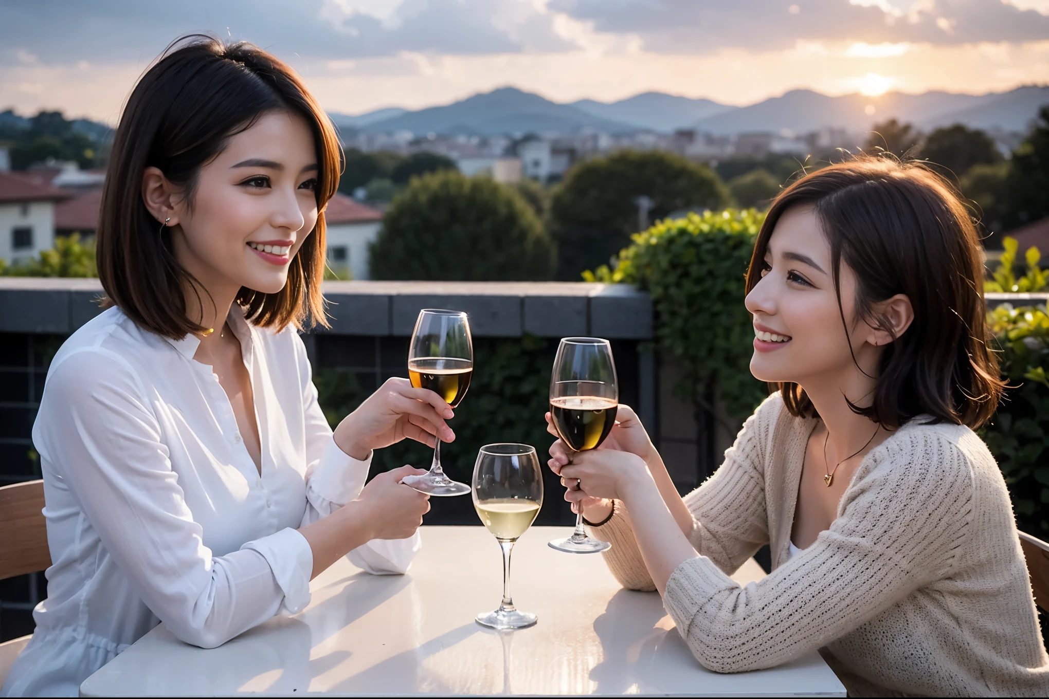 ((highest quality、8k、masterpiece:1.3))、 (Genuineistic, Genuine、Bright image、Intricate details:1.2), 最高のsmile 男性1人 女性1人、Beautiful Couple、spouse、Couple、lover、actress、モデルCouple、smile、full-course dinner、 (Slim face), (the body is slim), (Brown Hair), (short hair), テーブルの上のwine glass、Please shine a light on my face、 Amazing view of the sunset sky and clouds、 (Age 35), 39 years old, red wine 、Appetizers、Wine bottle、sparkling wine、Long sleeve shirt、dress、White wine, red wine, wine glass,