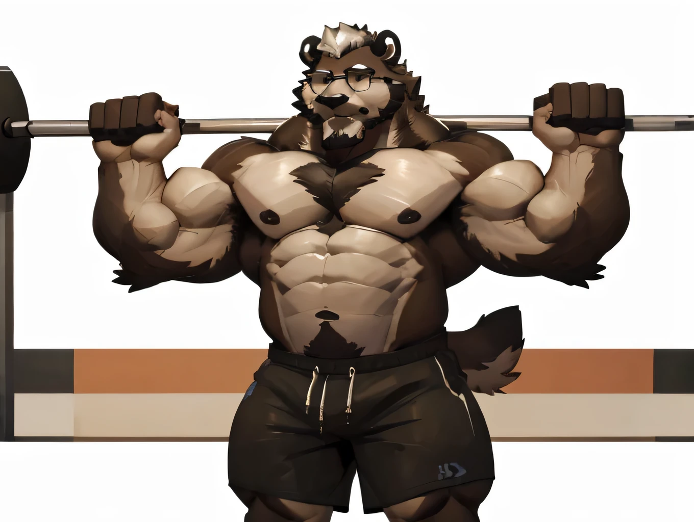 solo, 1boy, Huge Muscular Old Grizzly Bear wearing glasses , pectoral, huge pectoral, wide pectoral, short white hair, short pants and shirtless topless, bearded, Mustache, simple background, masterpiece, high detailed, 8k, high resolution, at the gym, flexes huge muscles