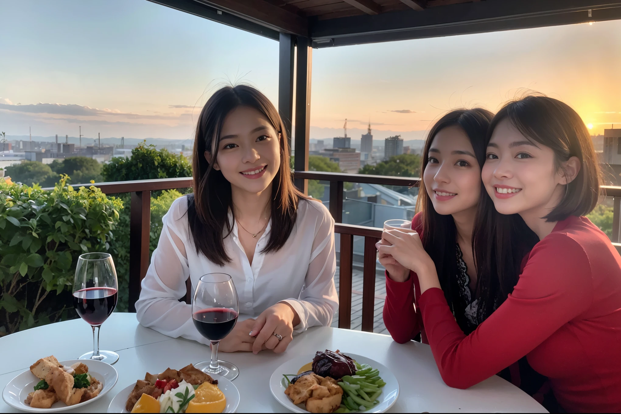 ((highest quality、8k、masterpiece:1.3))、 (Genuineistic, Genuine、Bright image、Intricate details:1.2), 最高のsmile 男性1人 女性1人、Beautiful Couple、Lovers、Japanese couple、A gentle lover、actress、Model Couple、smile、full-course dinner、 (Slim face), (the body is slim), (Brown Hair), (short hair), テーブルの上のwine glass、Please shine a light on my face、 Amazing view of the sunset sky and clouds、 (42 years old), 39 years old, red wine 、Appetizers、Wine bottle、sparkling wine、Long sleeve shirt、dress、White wine, red wine, wine glass,