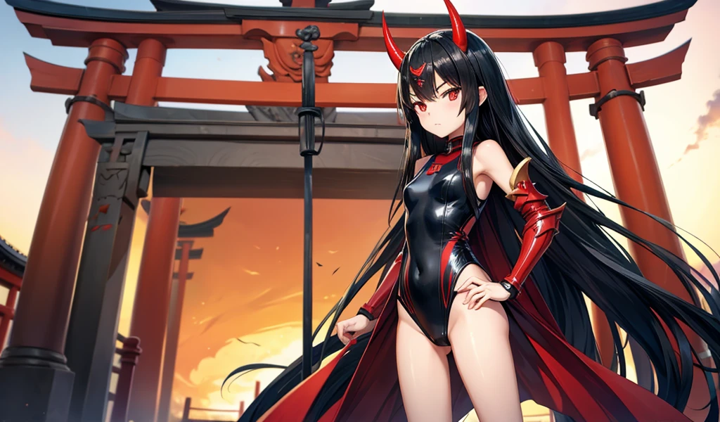 Flat-chested girl with long black hair,Demon horn,Japan Armor,Breastplate,One-piece swimsuit,Bare Legs,Standing,On the torii gate