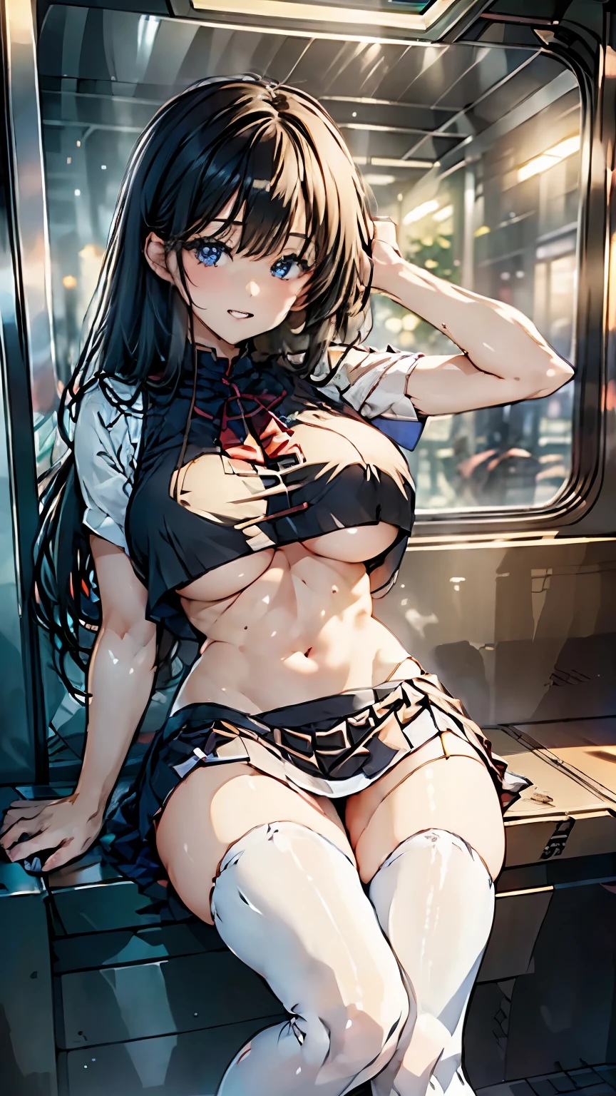((masterpiece, Highest_quality)), One Woman、Beautiful mature woman、 (Realistic:1.4), alone, black_hair, length_hair, zettai_ryouiki, Micro Mini Skirt, ((full_body)),White panties、Are standing、Embarrassed look、Absolute area、Over the knee socks、in the train、See-through tank top、48 years old、Restless、Sweat、Are standing、Perfect limbs