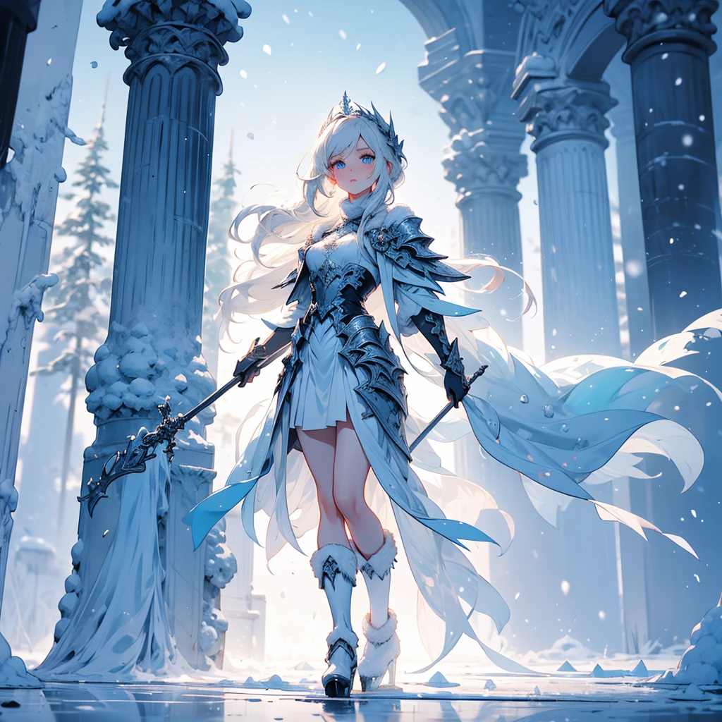 ((full body shot)) of a girl in elegant, fur-lined clothing with intricate ice-blue patterns, standing in a frozen, snowy landscape. She has long, flowing platinum blonde hair and piercing icy blue eyes. Her skin is pale with a slight blue tint, and she is adorned with delicate ice crystals and frost. She holds a majestic staff made of clear, crystalline ice, with swirling snowflakes and embedded gemstones. The atmosphere is {chilly|magical}, with a soft snowfall and a faint blue glow illuminating the scene. The ground beneath her is a blanket of pristine snow, reflecting the icy light and adding to the wintry ambiance. Surrounding her are glistening ice sculptures and frost-covered trees in shades of {white|blue}, casting a serene, frosty glow. The background features towering, glittering ice castles and distant snowy mountains, hinting at a majestic, icy kingdom. The scene is tranquil and enchanting, with her face showing a serene yet powerful expression, her eyes focused intently on her icy domain.

[Best quality], [Masterpiece], [Ultra-detailed], [4k], {chilly|magical} atmosphere, icy kingdom, {dynamic pose|regal pose}, soft snowfall illumination, {soft shadows|frosty lighting}, {reflected light on snow:0.7}, {glittering ice sculptures:0.6}, {frost-covered trees:0.5}, {towering ice castles:0.4}, {snowy mountains:0.3}.