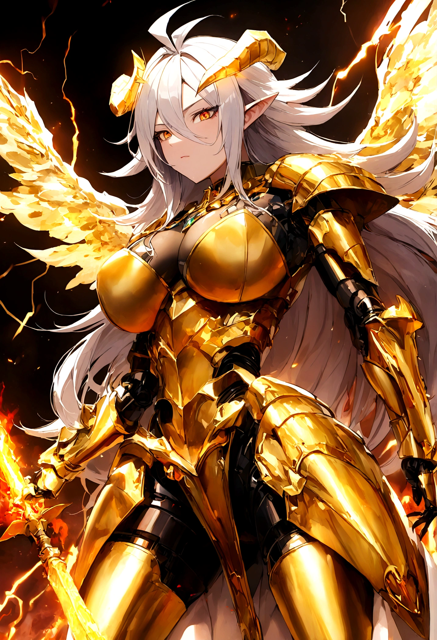 ((Lightning Power)), ((Electricity)), ((Fire Background)), ((Lightning Storm)), ((Power Erupting)),((((android 21 Evil)))), (((white Coat))), (((Busty))), (((((Big breast:1,3)))), luxury bustier corset, (((silver hair))), (((Very slim waist))), propotional body, ((Gorgeous)), (((gold wings))), masterpiece, hyperdetail, ambient effect, digital effect, (((FIRE SWORD)), (((Lightning Sword))), (((Fire Gold Armor))), (((Lightning Gold Wings))), (((Fire Blazing Horns)))