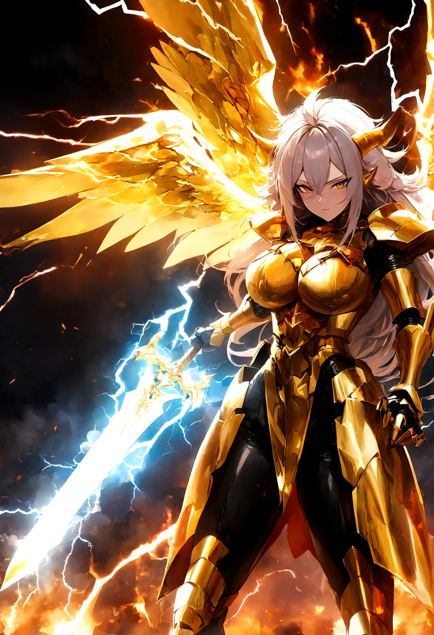 ((Lightning Power)), ((Electricity)), ((Fire Background)), ((Lightning Storm)), ((Power Erupting)),((((android 21 Evil)))), (((white Coat))), (((Busty))), (((((Big breast:1,3)))), luxury bustier corset, (((silver hair))), (((Very slim waist))), propotional body, ((Gorgeous)), (((gold wings))), masterpiece, hyperdetail, ambient effect, digital effect, (((FIRE SWORD)), (((Lightning Sword))), (((Fire Gold Armor))), (((Lightning Gold Wings))), (((Fire Blazing Horns)))