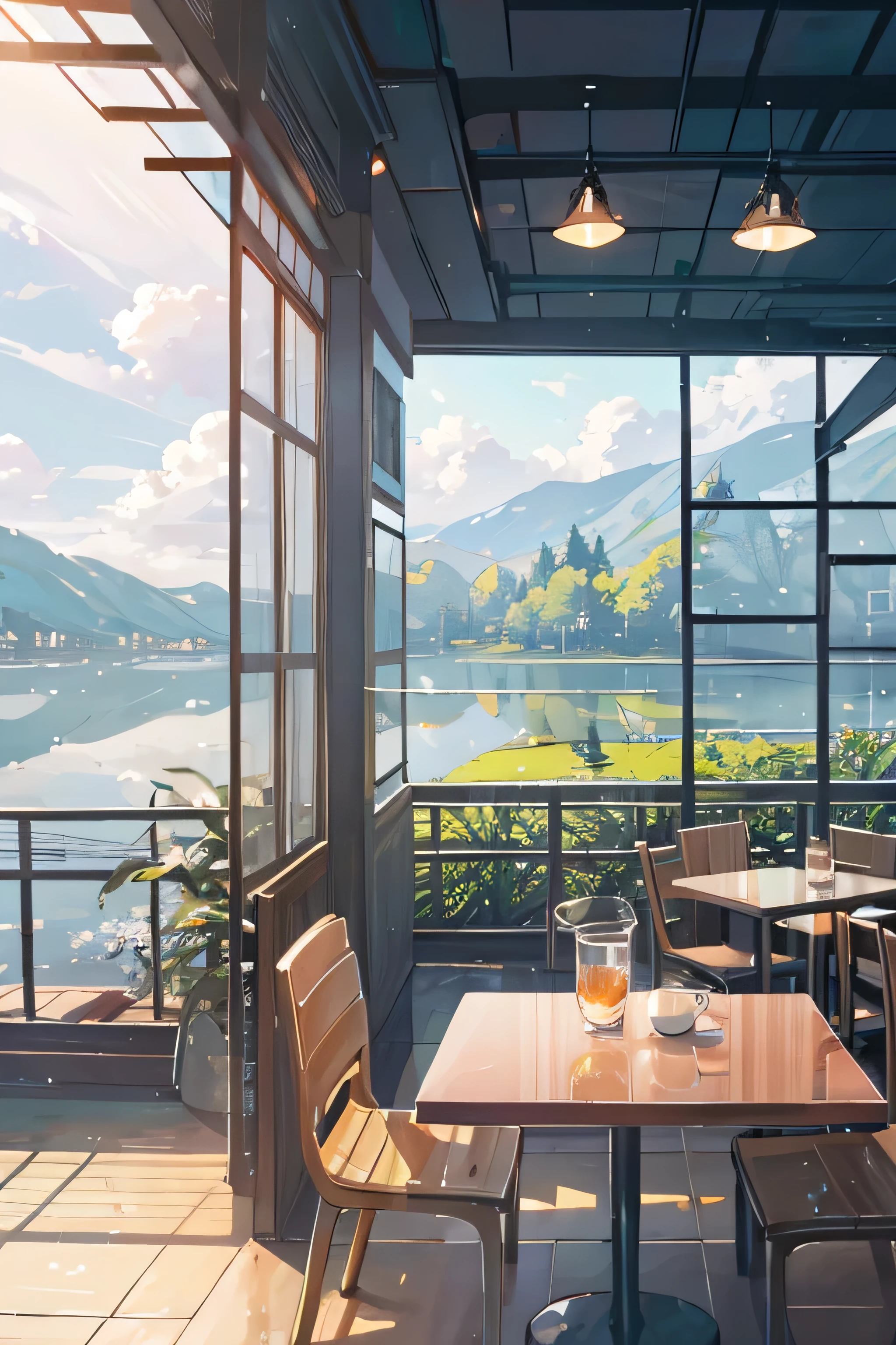 A breathtaking illustration of a radiant sunlit day unveils, showcasing a single cloud drifting languidly above. Nestled amidst the tranquil waters of a picturesque lake, a cozy coffee shop exudes a serene ambiance, echoing the calming beauty of its surroundings. The meticulously maintained interior of the café is illuminated by soft, warm tones, while a gentle, subtle melody from the background music adds to the soothing atmosphere.

Detailing the scene further, the café's interior boasts a carefully crafted combination of natural woods, comfortable seating, and a charming array of accessories. A wide-open window allows pass