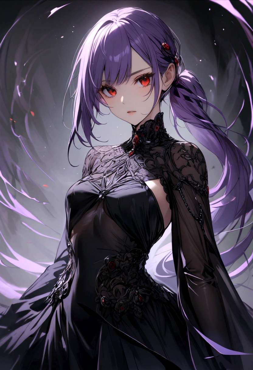 purple haired girl, waist length ponytail, red eyes, wearing black dress like model,