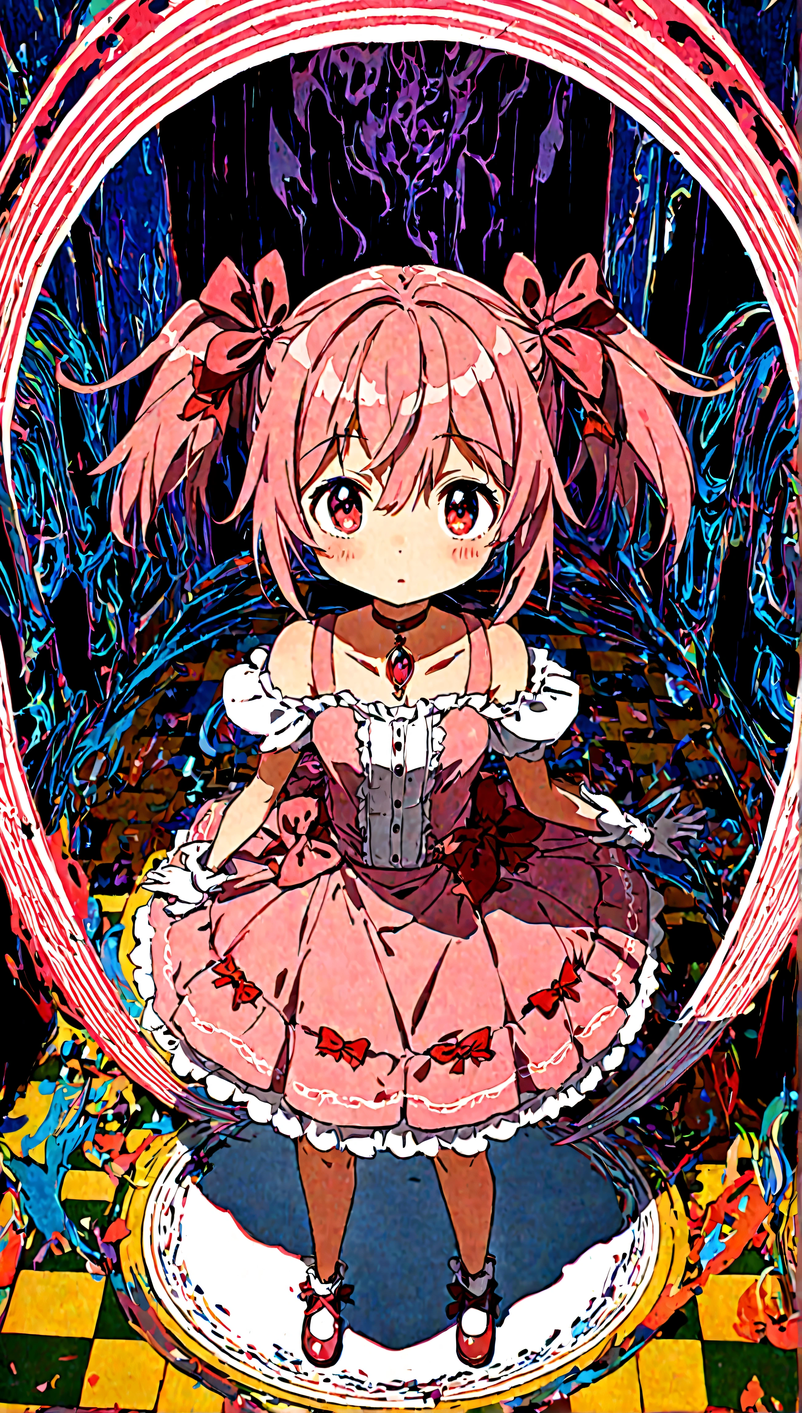 (kaname_madoka\(anime\(Puella Magi Madoka Magica\),(magical_girl:1.3) style,pink twin tails hair,pink bows,open shoulder dress with frill,bow at neck,white grove,red juwel at middle of clavicle\):1.3) is standing with confused face in the center wondering showing full body to viewer,geometric and chaotic background with a strange world where various structures are jumbled and mixed together,checkerboard floor,(in a very psychedelic nightmare:1.4), BREAK ,quality\(8k,wallpaper of extremely detailed CG unit, ​masterpiece,hight resolution,top-quality,top-quality real texture skin,hyper realisitic,increase the resolution,RAW photos,best qualtiy,highly detailed,the wallpaper,cinematic lighting,ray trace,golden ratio\),(long shot),(wide shot),landscape,blured background,(background art by Salvador Dalí),from above