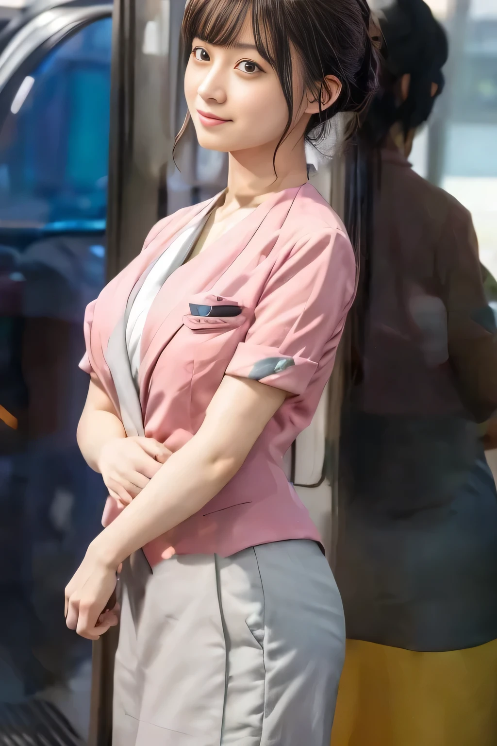 (masterpiece:1.2, highest quality:1.2), 32K HDR, High resolution, (alone、1 girl)、 (Height: 160cm)、(On the rooftop of a building in the daytime、Professional Lighting)、Building rooftop background、(Nankai train crew uniform pinkを着たリアルスタイル)、(Nankai train crew uniform pink short sleeve collarless pink jacket、Nankai Train Crew Uniform Pink Collarless Short Sleeve Blouse、Nankai Train Crew Uniform Pink Grey Knee-length Culottes)、Dark brown hair、(Hair tied up、Hair tied up、Evening curly hairstyle)、Dark brown hair、Long Shot、Big Breasts、Thin legs、((Great hands:2.0)),((Harmonious body proportions:1.5)),((Normal limbs:2.0)),((Normal finger:2.0)),((Delicate eyes:2.0)),((Normal eyes:2.0)))、smile、(Nankai Train Crew Uniform Pink Grey Knee-length Culottesを見せた美しい歩く姿)、Place your hands around your stomach、Lanyard employee ID card