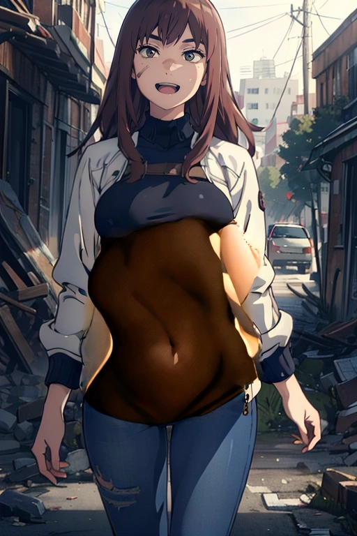 Extend the black top to cover her belly , high waisted jeans, remove bare skin, fully clothed