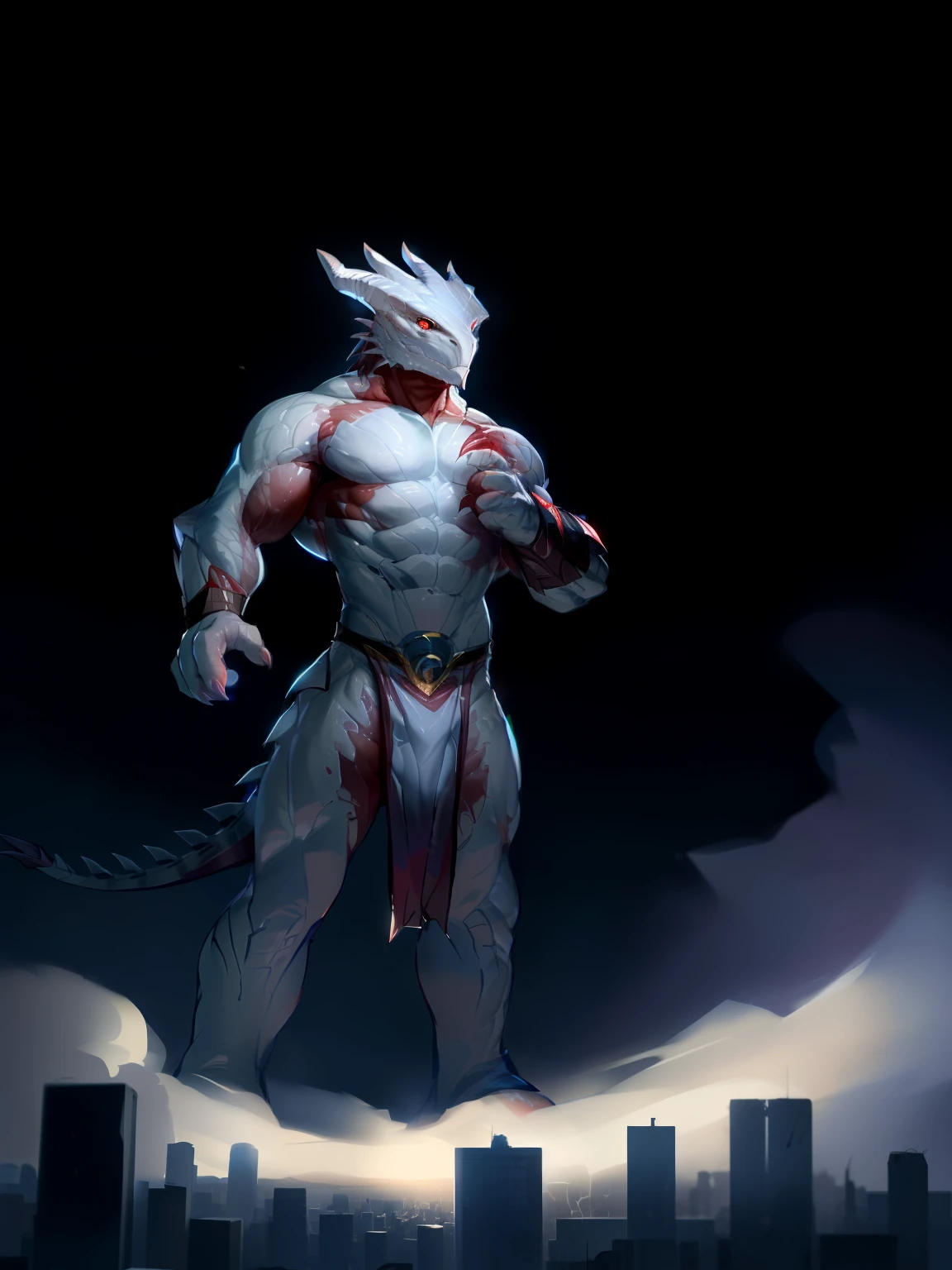 (full body), thedarkurge, dragonborn \(dnd\), white body, red eyes, male, muscular, loincloth, dark, tail, by lindong, by null-ghost, macro in city, destroying a modern city