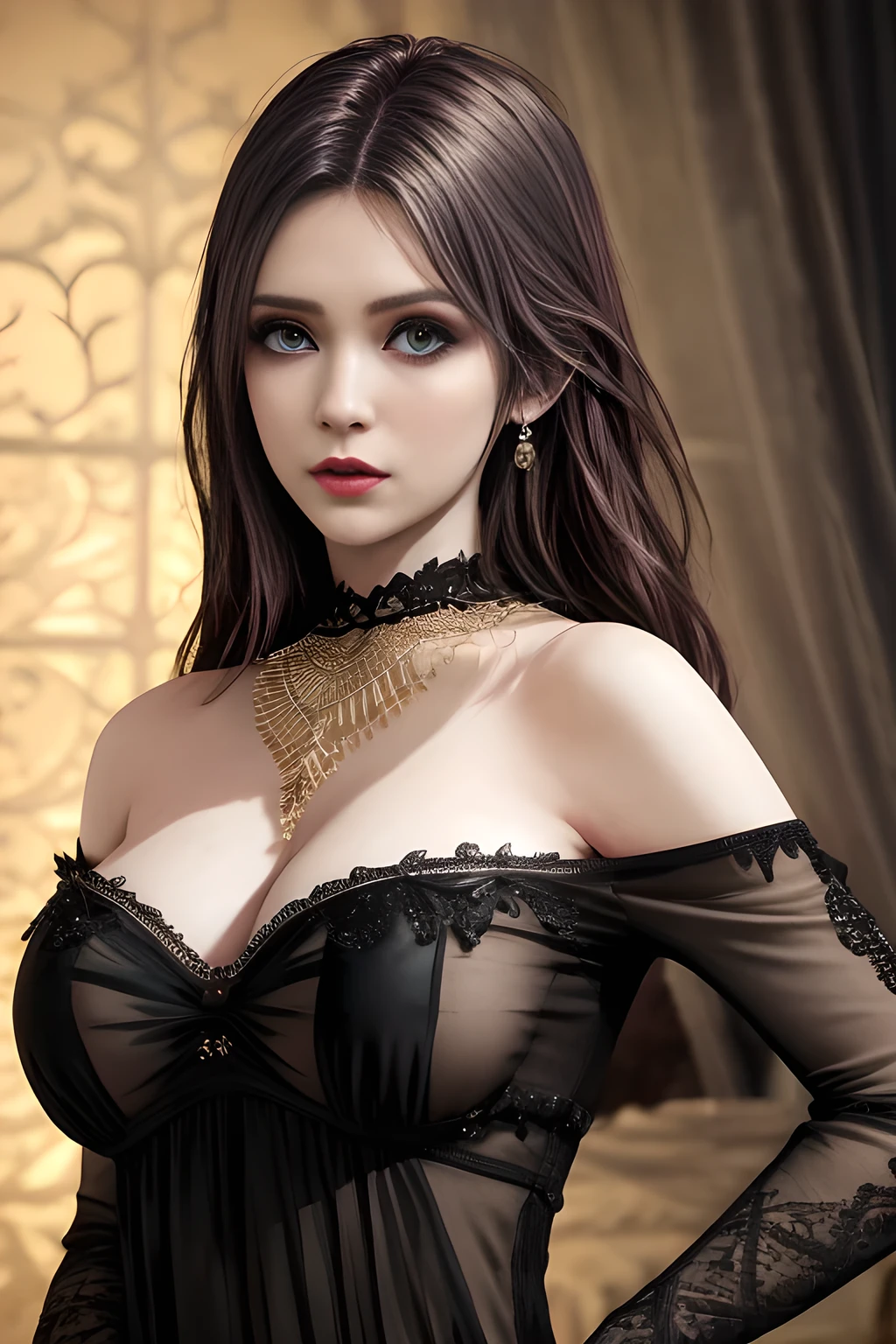 1girl, long sleeves, black dress, off shoulder, bare shoulders, long dress, (see-through), tulle dress,beautiful detailed eyes, beautiful detailed lips, extremely detailed eyes and face, long eyelashes, best quality, 4k, 8k, highres, masterpiece, ultra-detailed, realistic, photorealistic, photo-realistic, ethereal glow, regal elegance, intricate details, luxurious, otherworldly beauty, dark atmospheric background, supernatural aura,  elise,