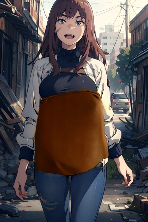 Extend the black top to cover her belly , high waisted jeans, remove bare skin, fully clothed