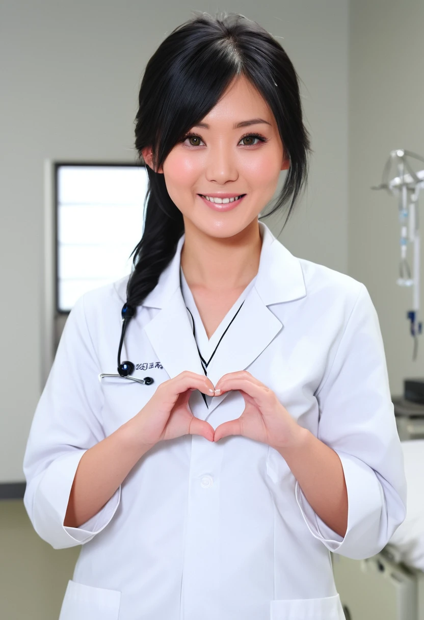 smiling stunning beautiful slim Japanese girl, wearing (white labcoat, scrubs), black hair, (clean modern upscale hospital room), photo, 1girl, cute, ultra high res, realistic photorealistic, ultra-detailed, finely detailed, high resolution, perfect dynamic composition, (perfect eyes), (detailed eyes), (clean eyes), (heart shaped hands)