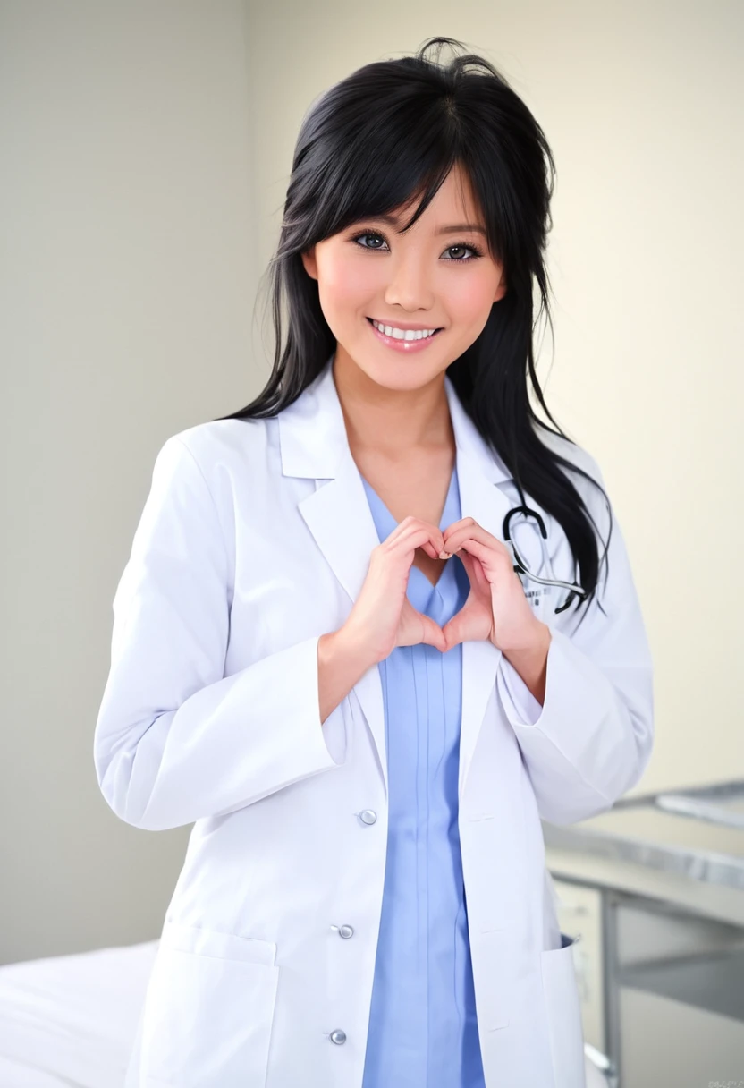 smiling stunning beautiful slim Japanese girl, wearing (white labcoat, scrubs), black hair, (clean modern upscale hospital room), photo, 1girl, cute, ultra high res, realistic photorealistic, ultra-detailed, finely detailed, high resolution, perfect dynamic composition, (perfect eyes), (detailed eyes), (clean eyes), (heart shaped hands)