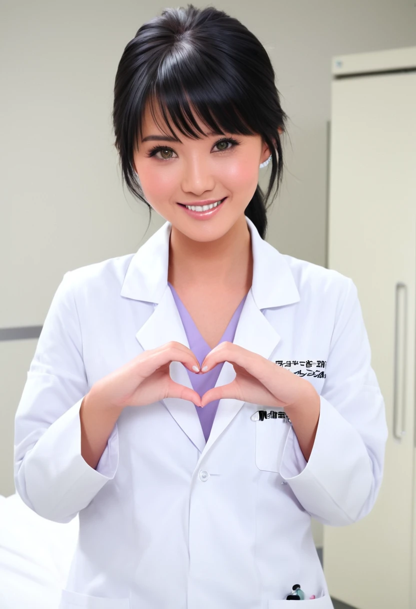 smiling stunning beautiful slim Japanese girl, wearing (white labcoat, scrubs), black hair, (clean modern upscale hospital room), photo, 1girl, cute, ultra high res, realistic photorealistic, ultra-detailed, finely detailed, high resolution, perfect dynamic composition, (perfect eyes), (detailed eyes), (clean eyes), (heart shaped hands)