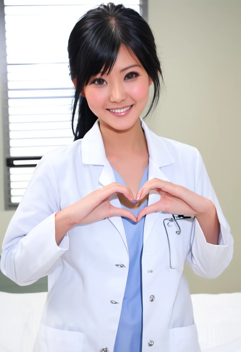 smiling stunning beautiful slim Japanese girl, wearing (white labcoat, scrubs), black hair, (clean modern upscale hospital room), photo, 1girl, cute, ultra high res, realistic photorealistic, ultra-detailed, finely detailed, high resolution, perfect dynamic composition, (perfect eyes), (detailed eyes), (clean eyes), (heart shaped hands)