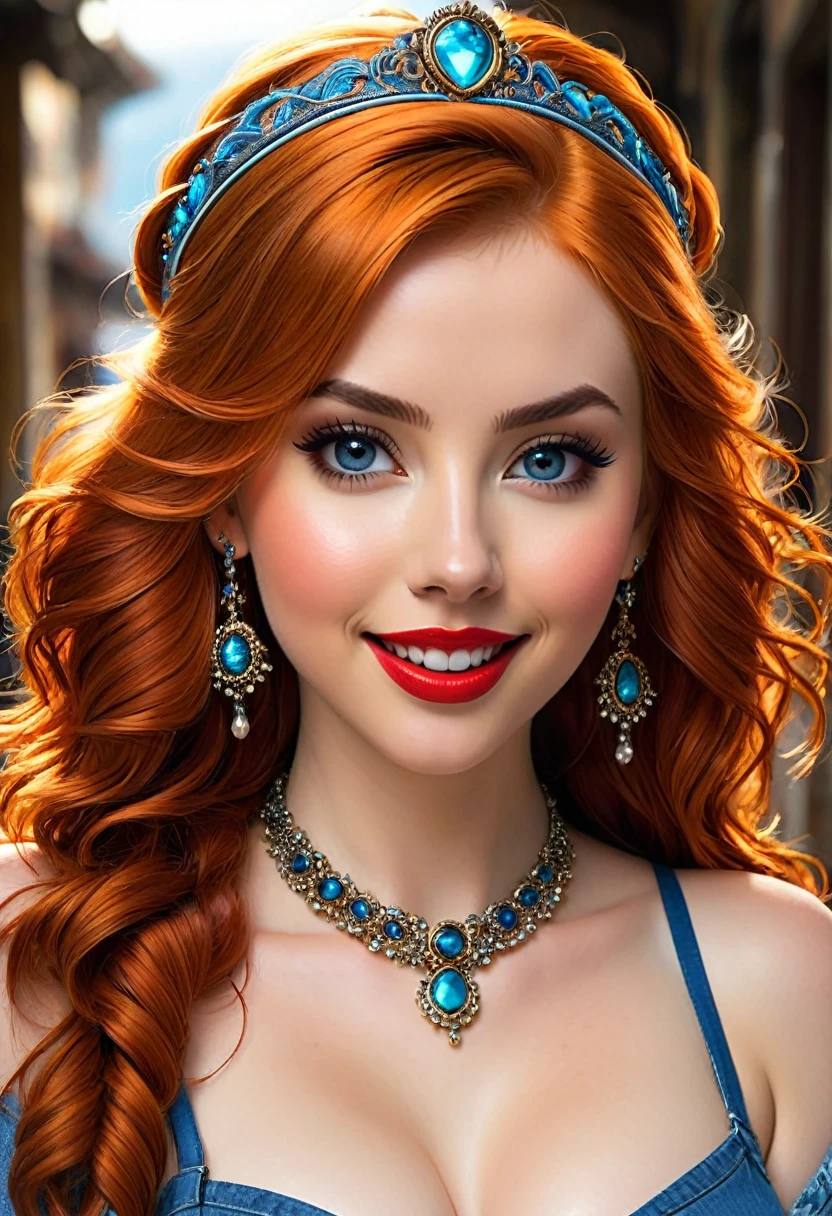 extremely beautiful model, 20 years old female, skandinavian, long bright orange hair, realistic, perky breasts, cleavage, crop top, ripped jeans, Midriff, Wide Smile, Eyes Detailed & Wide, Dynamic Pose. Hoop earing, arm bangles, headband scarf, Ultra HD, Rococo-Inspired Fantasy Art With Intricate Details. Cute, red lips, long lashes,Charming Expression, Alluring-Gaze, looking at viewer, Beautiful Eyes, An-Ideal-Figure. Large Youthful Well-Shaped-Breasts, Attractive ass showcased. Massive-Round-Bosom, turning. Mesmerizingly mash up of Scarlett Johanson. Alison Brie & Molly Quinn