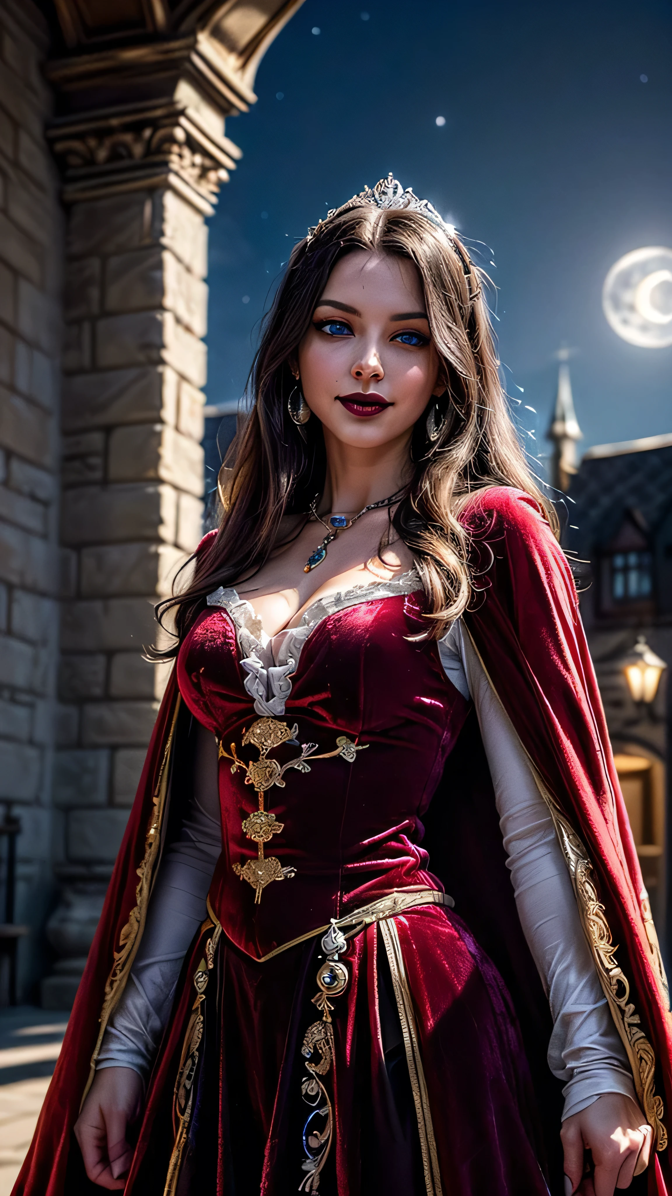((best quality: 1.5, intricate:1.3, masterpiece, photorealistic:1.4)), sharp focus, professional, real life, realistic representation of the face, ((detailed, athletic, suntan, ((((maroon velvet cape) chinoiserie renaissance ball gown, portrait)), queen, black chrome tiara, silver, onyx necklace, onyx earrings, humid ((supermodel))), makeup:1.2, glowing iceblue eyes, long straight hair [bright ginger hair:black hair:0.4], smirking, smirk, shadows, black lips, outdoors, faraway castle, dark, night, moonlight)), professional lighting, photon mapping, radiosity, physically based rendering, ultra resolution, hyper-realistic, hyper-realistic, 8K
