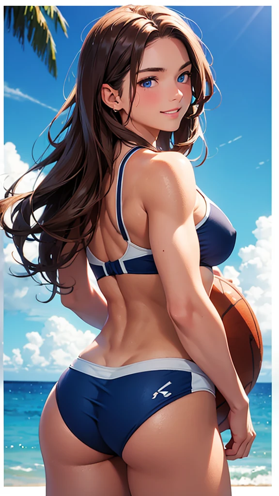 highest quality、Realistic、female、zoom、Chestnut Hair、Blue Eyes、Long Hair、athlete、muscle、Swimwear、athlete、muscle、Abdominal muscles、Sunburned、Tan、Brown Skin、Back view、Looking back、smile、Ocean、Looking down、、Bust Shot、　