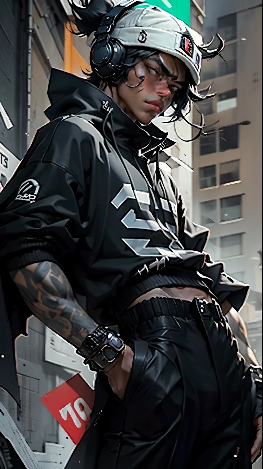 Character with a black cap, black headphones, no black face, all black, and an Emirates fly shirt, with black pants, and black hair, and with a torn cape.