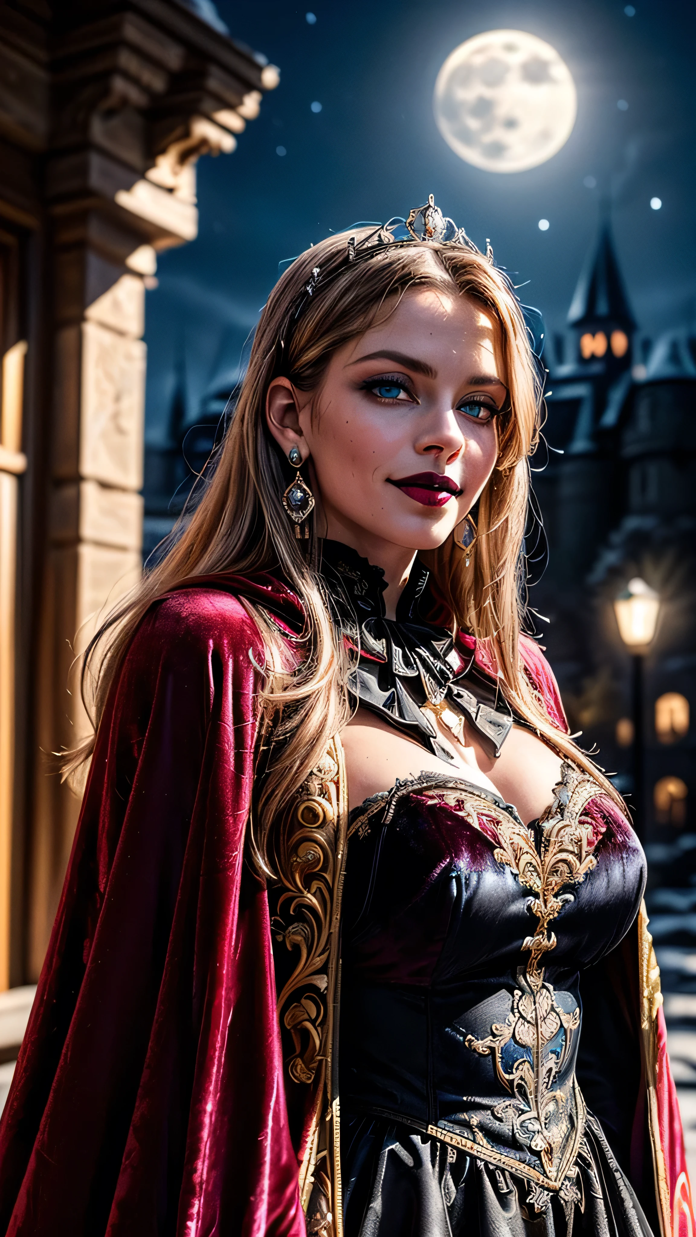 ((best quality: 1.5, intricate:1.3, masterpiece, photorealistic:1.4)), sharp focus, professional, real life, realistic representation of the face, ((detailed, athletic, suntan, ((((maroon velvet cape) chinoiserie renaissance ball gown, portrait)), queen, black chrome tiara, silver, onyx necklace, onyx earrings, humid ((supermodel))), makeup:1.2, glowing iceblue eyes, long straight hair [bright ginger hair:black hair:0.4], smirking, smirk, shadows, black lips, outdoors, faraway castle, dark, night, moonlight)), professional lighting, photon mapping, radiosity, physically based rendering, ultra resolution, hyper-realistic, hyper-realistic, 8K
