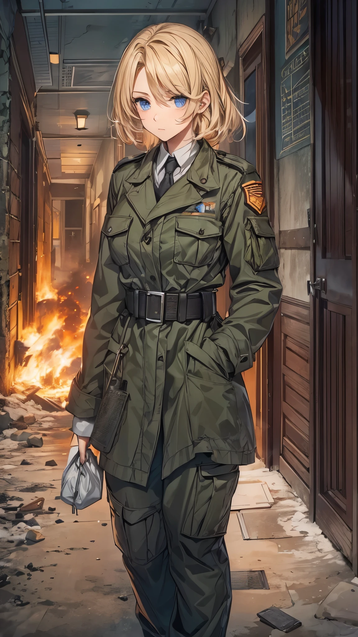 ((In low lighting,ruined hotel hallway,Inside the dimly lit hallway)),((Outside my window at night the city is burning)),One Woman,20-year-old female,She is wearing military uniform,Short blonde,She is walking down the hallway