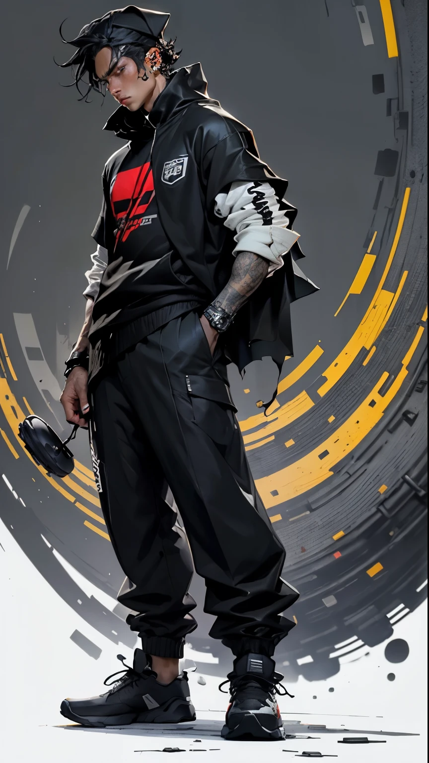 Character with a black cap, black headphones, no black face, all black, and an Emirates fly shirt, with black pants, and black hair, and with a torn cape.