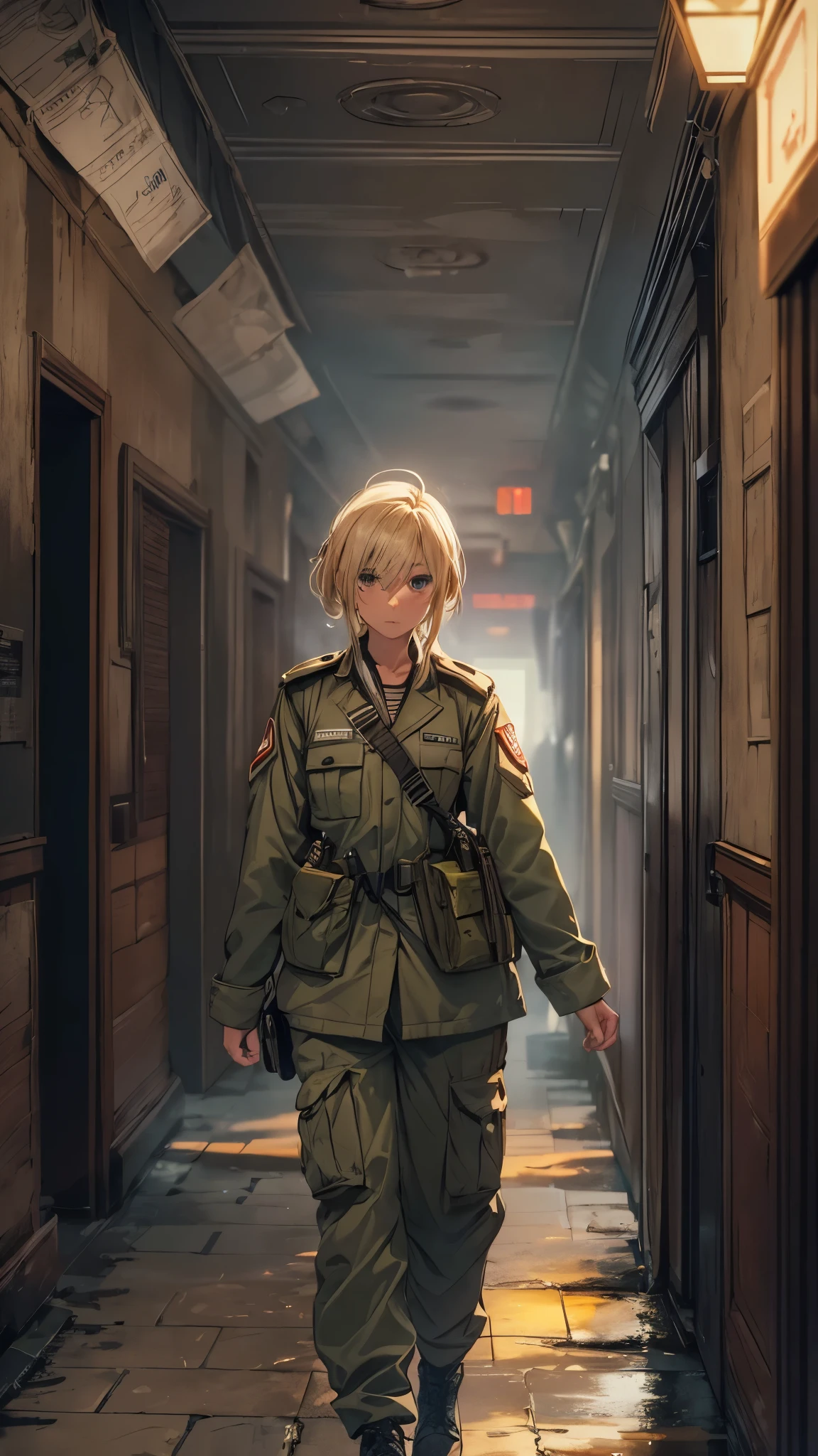 ((In low lighting,ruined hotel hallway,Inside the dimly lit hallway)),((Outside my window at night the city is burning)),One Woman,20-year-old female,She is wearing military uniform,Short blonde,She is walking down the hallway