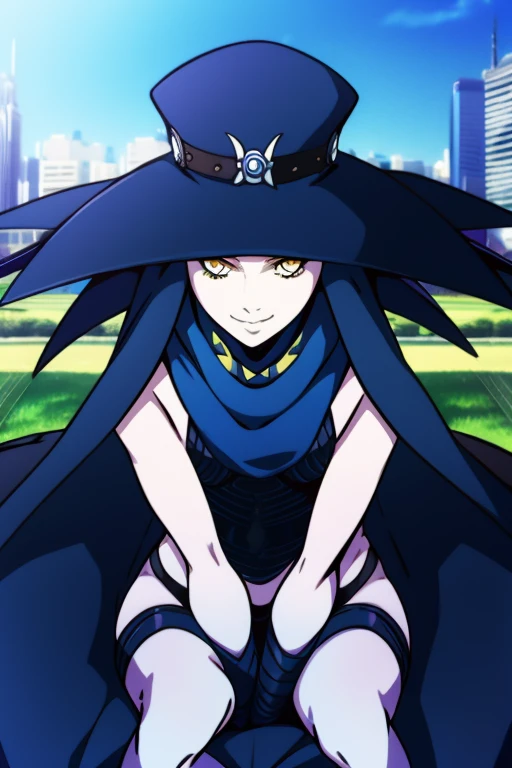 Masterpiece, best quality, Scathach, solo, female1, shin megami tensei, blue hat, flower tattoo, blue cape, blue gloves, white skin, (yellow eyes 1.1), flowing, sitting, shirt, smile, park, city