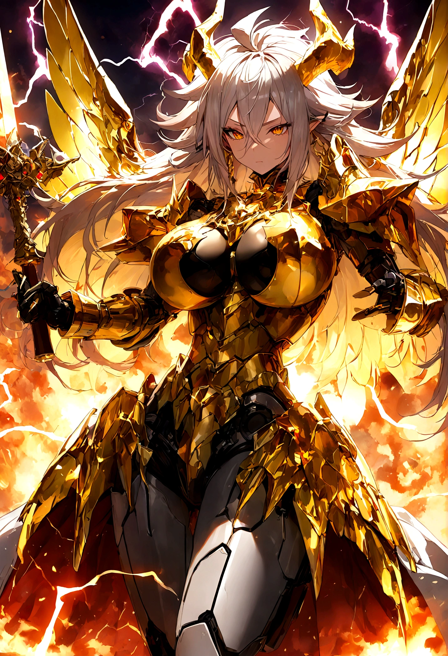 ((Lightning Power)), ((Electricity)), ((Fire Background)), ((Lightning Storm)), ((Power Erupting)),((((android 21 Evil)))), (((white Coat))), (((Busty))), (((((Big breast:1,3)))), luxury bustier corset, (((silver hair))), (((Very slim waist))), propotional body, ((Gorgeous)), (((gold wings))), masterpiece, hyperdetail, ambient effect, digital effect, (((FIRE SWORD)), (((Lightning Sword))), (((Fire Gold Armor))), (((Lightning Gold Wings))), (((Fire Blazing Horns)))