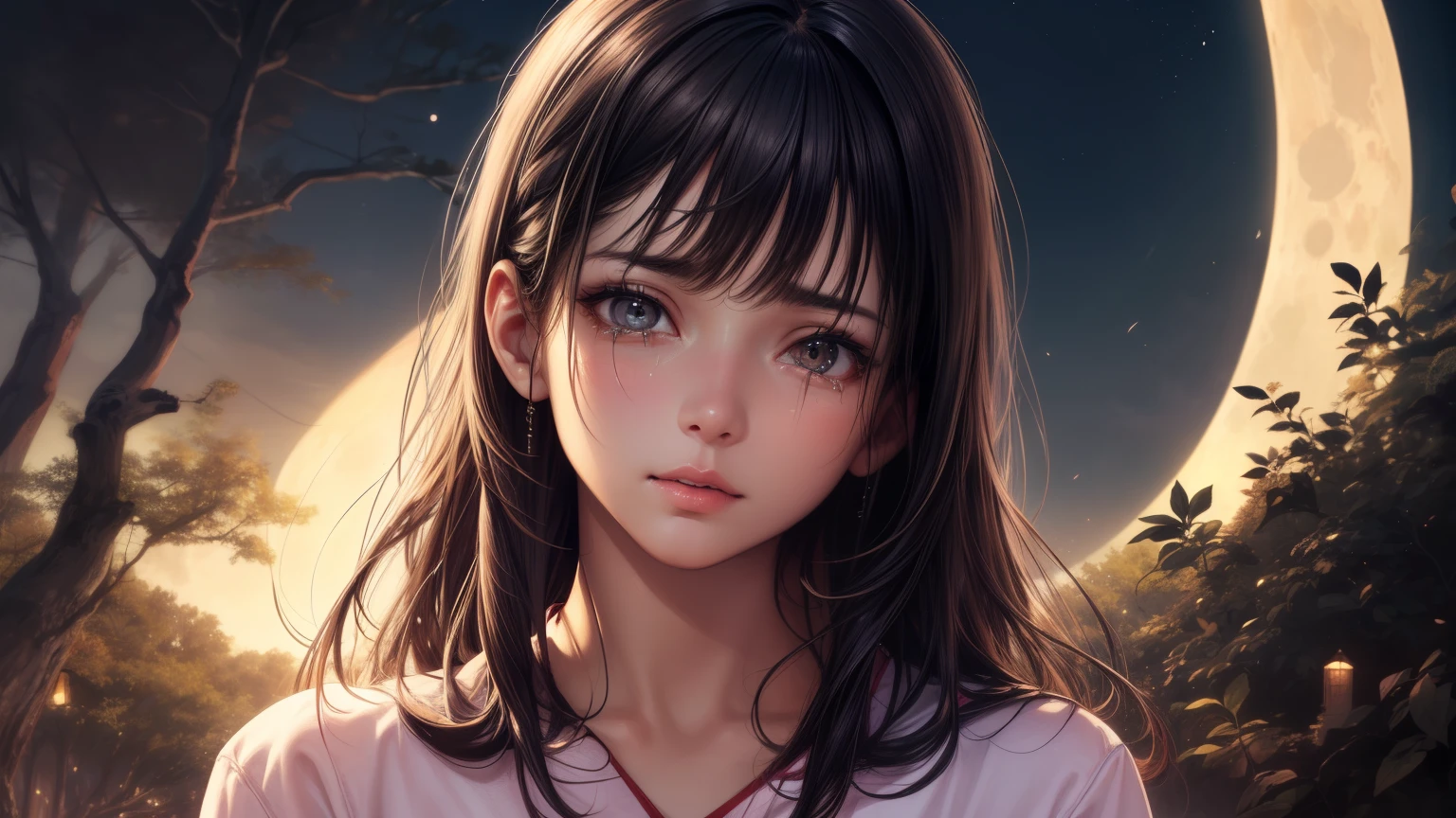 (1 girl), brown eyes, (highly detailed eyes, highly detailed face), (Too realistic, hight resolution), (best quality:1.4), (high , Needle-colored pajamas:1.2), model, charming, sublime, เดินbeardอยู่ในป่า, big tree garden, moon at night, alone, Tears in her eyes, beard, cry