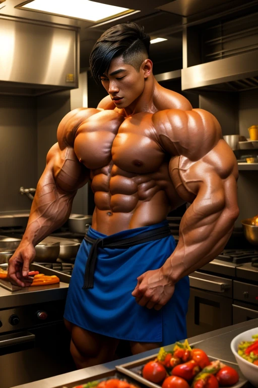 exy Asian young man with semi-short black hair that covers half of his face, he is super strong with a lot of muscle., completamente desnudo, juega al chef, cuerpo aceitoso, mucho vello corporal.