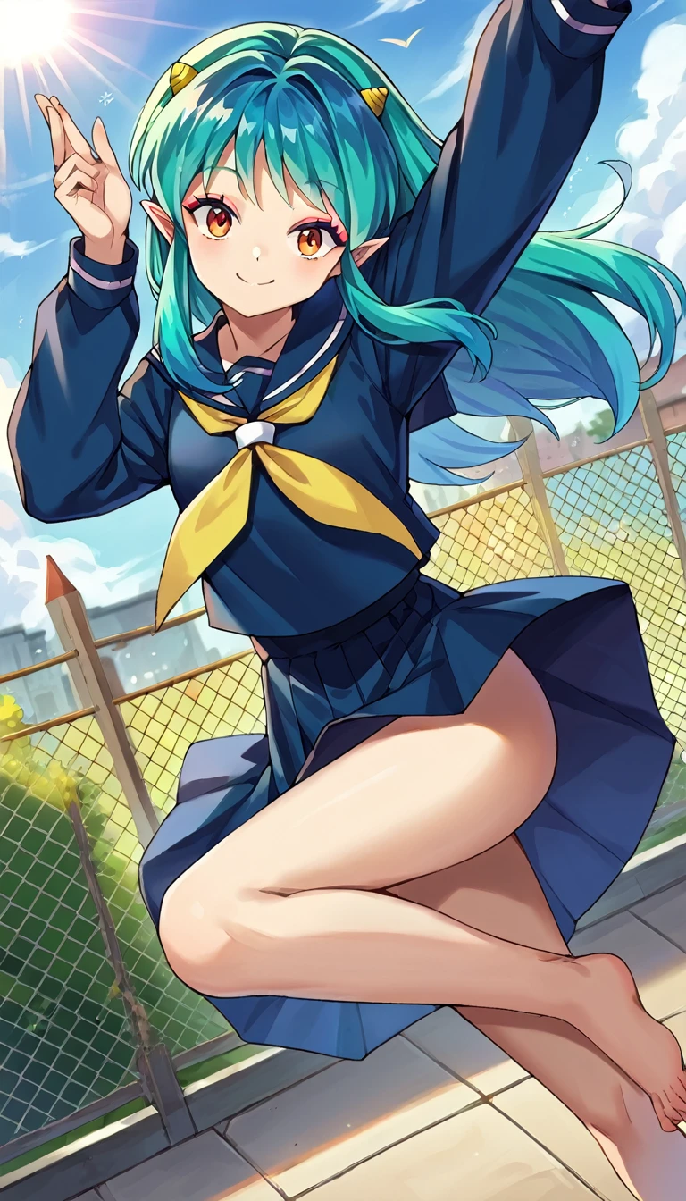 score_9, score_8_up, score_7_up, ((absurdres)), source_anime, uruseiyatsuralum, 1girl, lum, teen, solo, all alone, long hair, bangs, blue hair, orange eyes, pointy ears, aqua hair, short oni horns, eyeshadow, long sleeves, navy serafuku, sailor collar, yellow neckerchief, blue shirt, blue sailor collar, blue skirt, outdoors, neighborhood, (flying), (in the air), looking at viewer, ((legs closed, leaping)), sidewalk, fence, sunlight, godray, dutch angle, smiling 