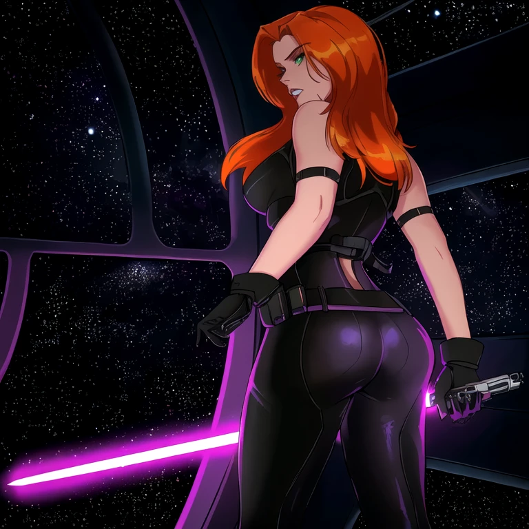 (best quality,8k:1.2,high resolution:1.2), (best quality:1.3),masterpiece, best quality, high res, detailed, (Detailed face:1.2), (Detailed eyes:1.2), (Perfect figure:1.2), CARTOON, ANIME, CARTOON ARTSTYLE, ultra-detailed, vintage science fiction, Star Wars based setting, extremely detailed face, long eyelashes, (Mara Jade), Mara Jade Skywalker, long orange hair, bright green eyes, red lipstick, attractive body, athletic figure, bubble butt. She's looking at the camera with a disgusted and irritated expression, mouth closed, teeth, looking from behind, body facing the window. She's wearing a tight shiny black leather suit, black gloves, gun holster, utility belt and high-heel boots. Upper body shot, back view, ass view. She holding a purple lightsaber. Background: Indoors, space station, window, view of outer space, stars