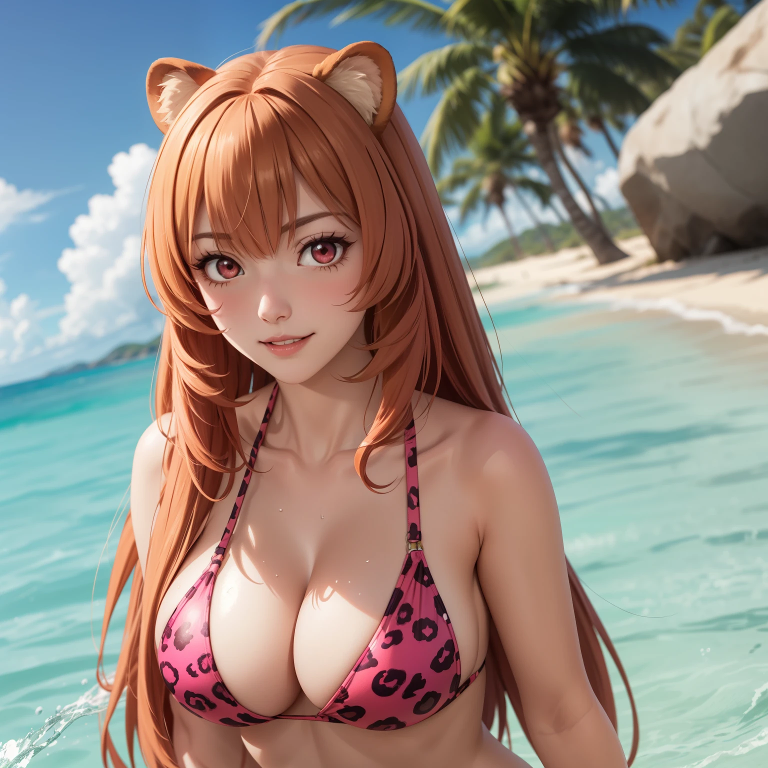 Raphtalia woman 35 years old straight orange hair , orejas de oso redondeadas, red eyes like ruby., sonrisa coqueta, pale skin, pechos grandes, pink jaguar design bikini, , orejas de oso, fondo una playa. pechos enormes, gotas de agua en su pecho.
