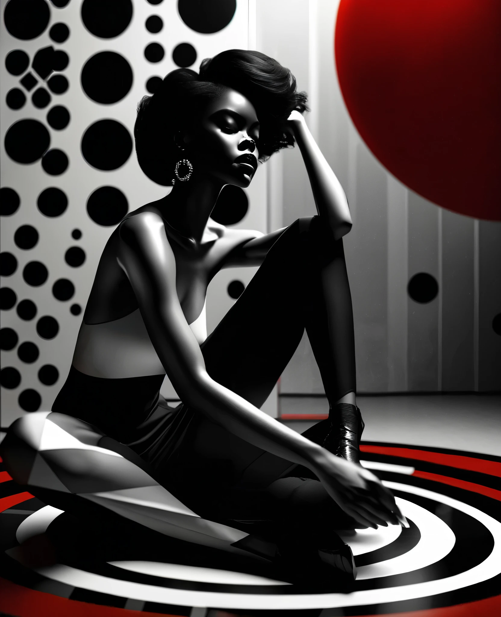 Side angle shot of black woman sitting model pose in a room full of abstract shapes of circles, triangles and squares, with a red sphere in the background, black and white picture with only the red sphere in colour, ultra HD, cinematic lighting, 32k 