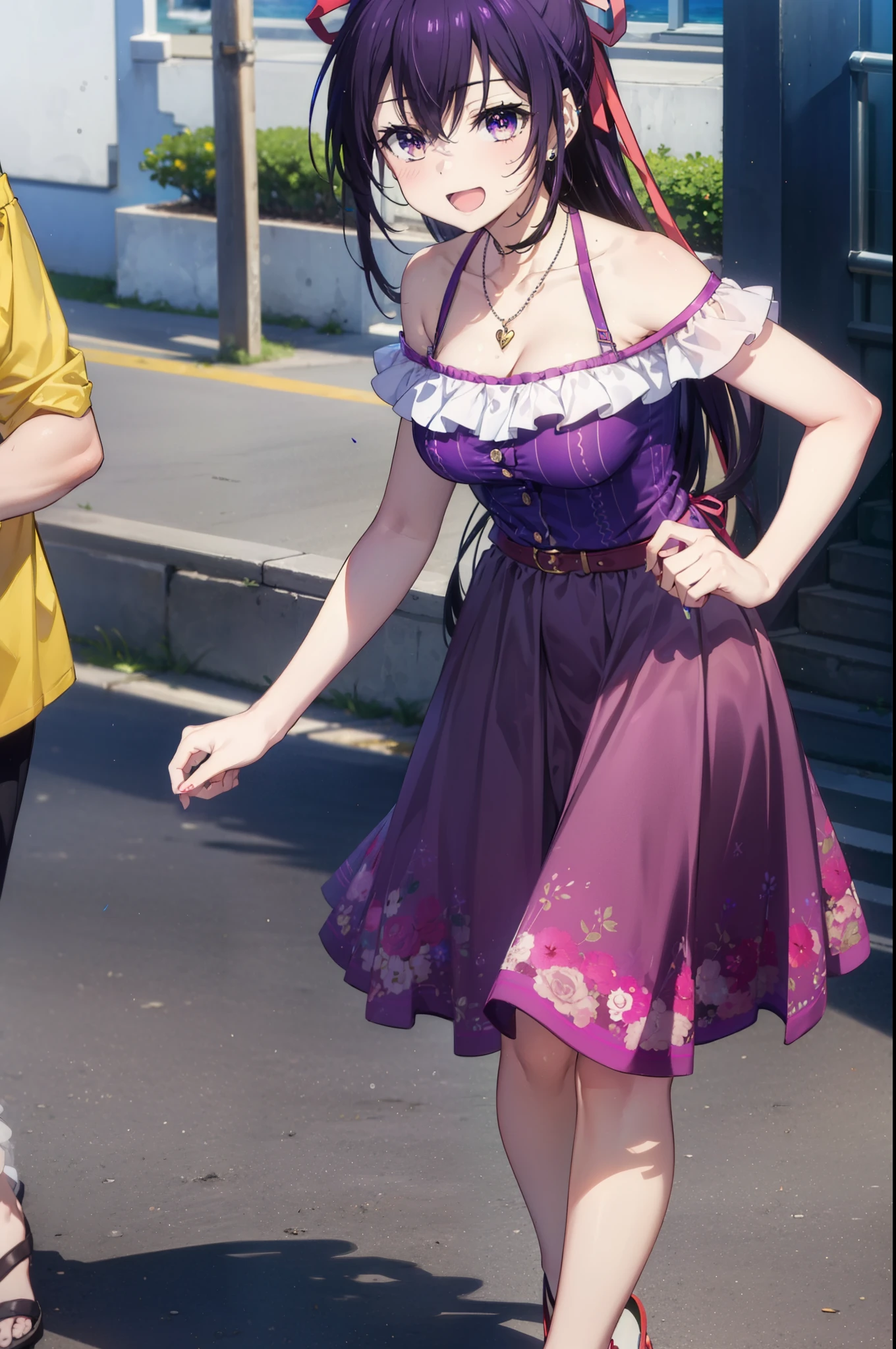 Toka Yatogami, Yatogami Tohka Casual, Long Hair, Purple Hair, dress, ribbon, (Purple eyes:1.1)
happy smile, smile, Open your mouth,, hair ribbon, ponytail, Purple Hair, Off-the-shoulder dress,Bare shoulders,bare clavicle,Bare neck,Locket Necklace,Long skirt,Cute Sandals,walking,whole bodyがイラストに入るように,walking,
break outdoors,Coastal Road,people々, crowd, 
break looking at viewer, whole body,
break (masterpiece:1.2), highest quality, High resolution, unity 8k wallpaper, (figure:0.8), (Beautiful fine details:1.6), Highly detailed face, Perfect lighting, Highly detailed CG, (Perfect hands, Perfect Anatomy),