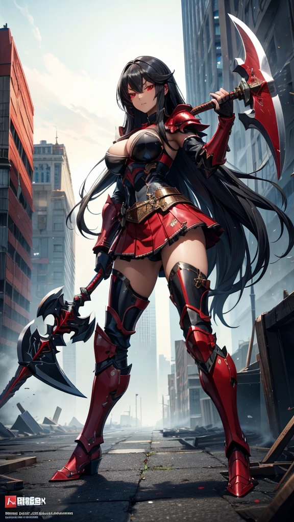 Black long hair, dark skin, red eyes, beautiful woman, black armor,cleavage,Iron skirt,Bare Legs,iron boots,((best quality)), ((masterpiece)), (detailed:1.4), Anime style,Wield a giant axe,City