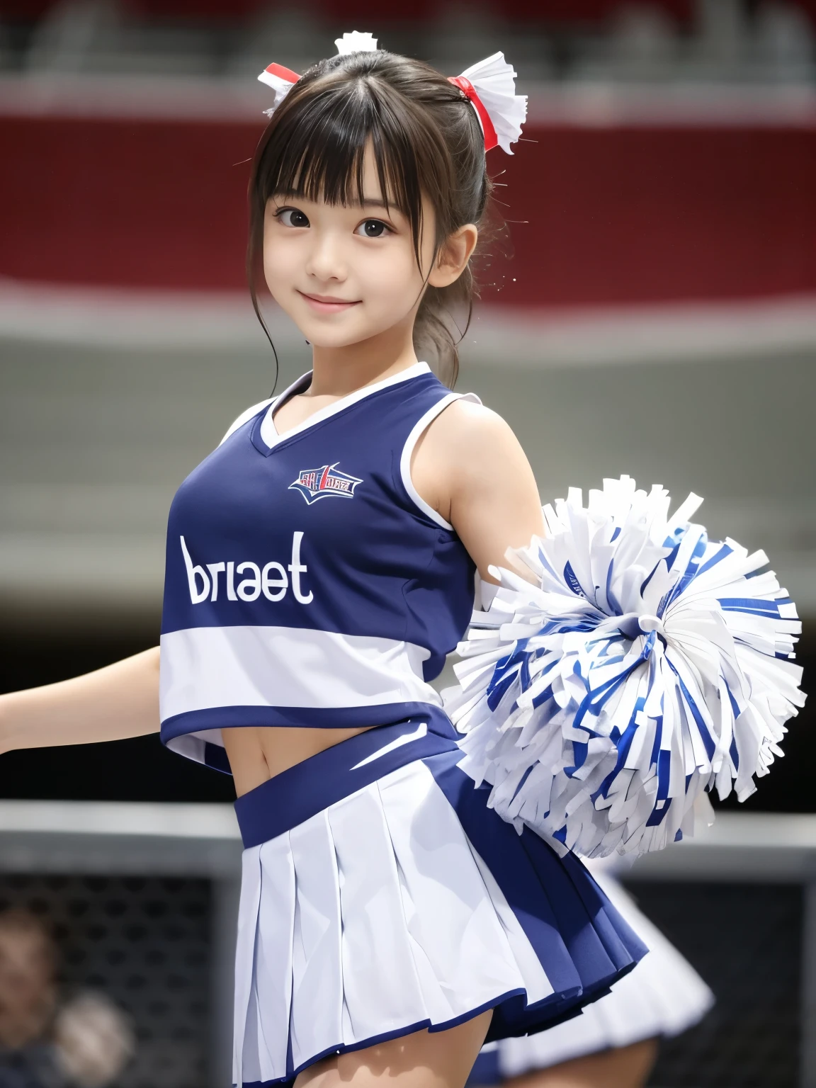 (Best-quality, Masterpiece, Ultra-High-Resolution, (Photorealistic:1.4), Raw Photo, depth of field, professional lighting, perfect anatomy, extremely details), 1girl, 15-years-old, the most famous Japanese idol, ((wearing cheerleading sleeveless-shirt, short-spats, cheerleading pleated-skirt)), (extremely cute face, ((extremely cute big-eyes)), extremely cute hair, ((extremely beautiful and extremely realistic skins))), dynamic pose, looking at viewer, innocent smile