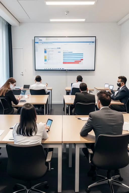 The scene shows a bright, modern meeting room, with a long dark wooden table surrounded by comfortable chairs. Do lado esquerdo da mesa, um grupo variado de pessoas de diferentes idades, genders and ethnicities is sitting, all with serious and concentrated expressions. Some are holding open tablets and laptops, while others are leafing through papers with graphs and data.No centro da mesa, a government official, identifiable by a badge or badge, standing, presenting information on a large tablet that is connected to a projector, displaying graphs and statistics on a wall screen. He is engaged in a lively discussion with the participants, listening carefully to your comments and questions.Ao fundo, a white wall is covered with a large whiteboard with colored markers, where ideas are being written down. There is also an additional screen showing live updates from a government website or online feedback platform.The atmosphere is one of collaboration and open dialogue, representing direct interaction between consumers (citizens) and the government in formulating public policies and making decisions.