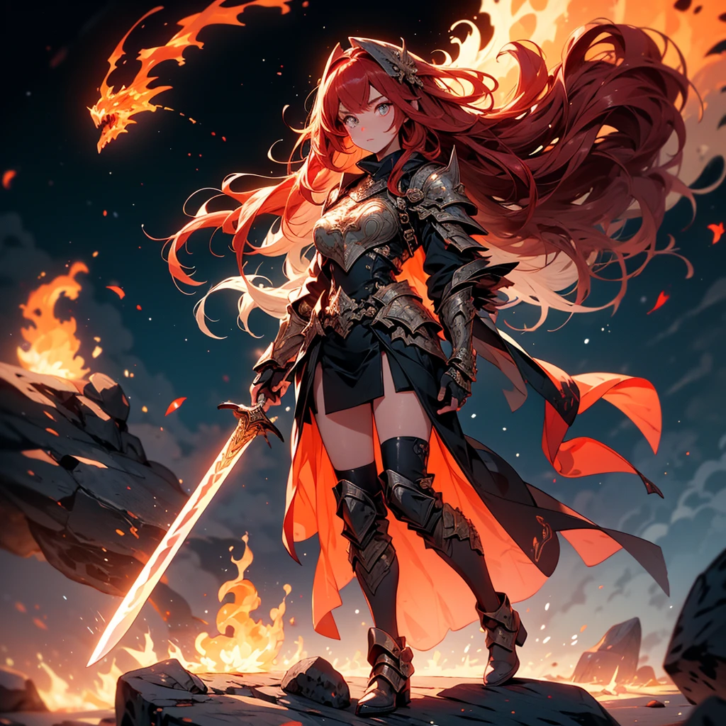 ((full body shot)) of a girl in regal, fire-themed armor with intricate gold and red details, standing in a blazing, volcanic landscape. She has long, flowing fiery red hair and intense, glowing amber eyes. Her skin has a warm, sun-kissed hue, and she is adorned with molten lava-like patterns. She holds a majestic sword engulfed in roaring flames, casting a bright, fiery light. The atmosphere is {intense|majestic}, with lava flows and embers illuminating the scene. The ground beneath her is cracked, molten earth, reflecting the intense light and adding to the fiery ambiance. Surrounding her are jagged rocks and bursts of flame in shades of {red|orange}, casting a fierce, incandescent glow. The background features towering volcanic peaks and a sky filled with ash and smoke, hinting at a powerful, fiery kingdom. The scene is dynamic and awe-inspiring, with her face showing a determined yet regal expression, her eyes focused intently on her blazing domain.

[Best quality], [Masterpiece], [Ultra-detailed], [4k], {intense|majestic} atmosphere, fiery kingdom, {dynamic pose|regal pose}, blazing illumination, {soft shadows|dramatic lighting}, {reflected light on molten earth:0.7}, {jagged rocks:0.6}, {bursts of flame:0.5}, {volcanic peaks:0.4}, {ash-filled sky:0.3}.