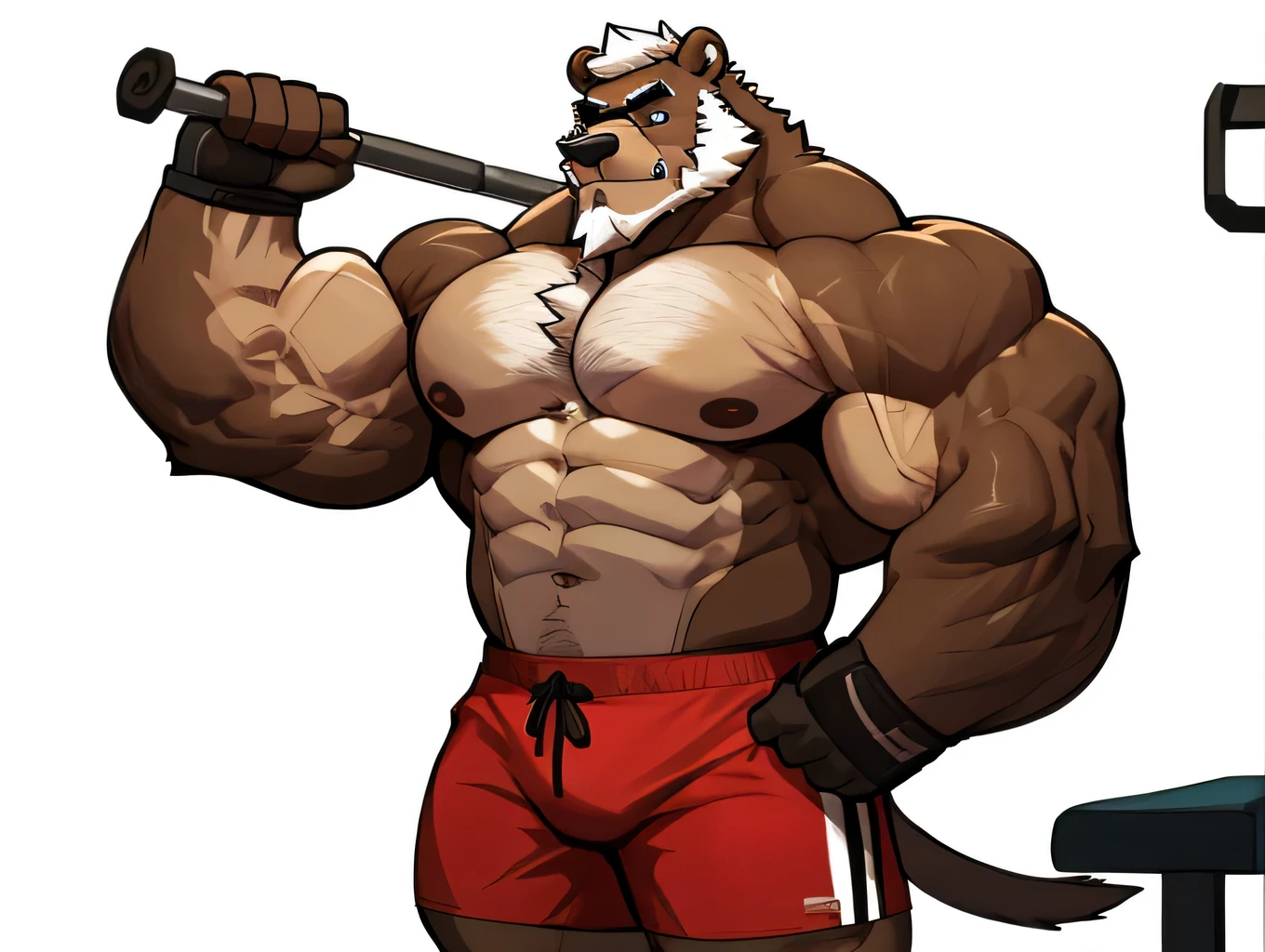 solo, 1boy, Huge Muscular Old Grizzly Bear wearing glasses , pectoral, huge pectoral, wide pectoral, short white hair, short pants and shirtless topless, bearded, Mustache, simple background, masterpiece, high detailed, 8k, high resolution, at the gym, flexes huge muscles