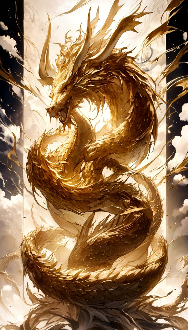 flag、masterpiece、(White Background:1)、Golden Chinese dragon surrounded by white clouds、god々々Hello、Wind、god々、Long undulating body、tooth、Upper body、Fantasy、god話、high quality、Very detailed、masterpiece、amazing、Particle Effects、Dynamic Effects