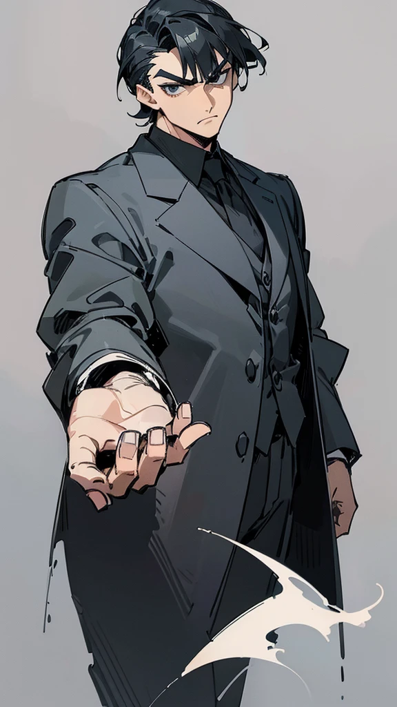 Narrow eyes, droopy eyes, man, black hair, bangs up, formal attire, medieval, fantasy, muscular, character drawing, Cool vigilante intimidating 、front facing vertical face Man with big eyes facing forward  、Slicked back short hair