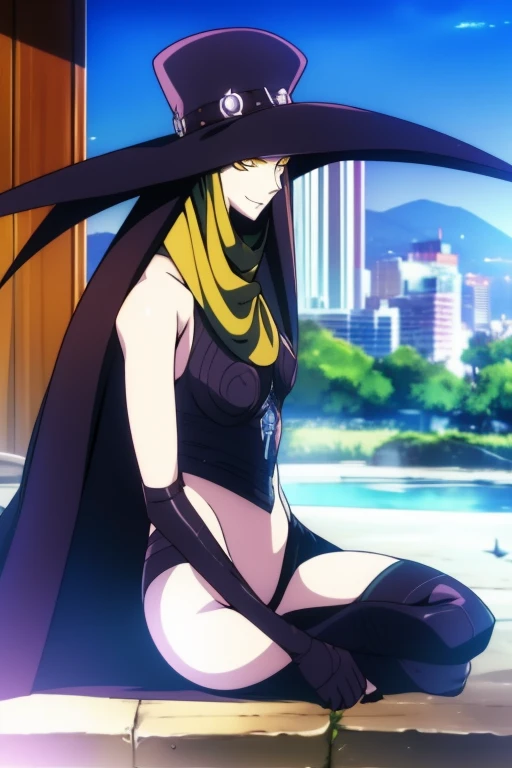 Masterpiece, best quality, Scathach, solo, female1, shin megami tensei, cape hat, flower tattoo, gloves, white skin, (yellow eyes 1.1), flowing, sitting, shirt, smile, park, city